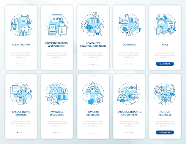 Insurance company advantages blue onboarding mobile app screen set