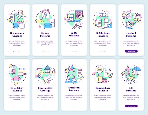 Insurance onboarding mobile app screen set Financial coverage walkthrough 5 steps graphic instructions pages with linear concepts UI UX GUI template Myriad ProBold Regular fonts used