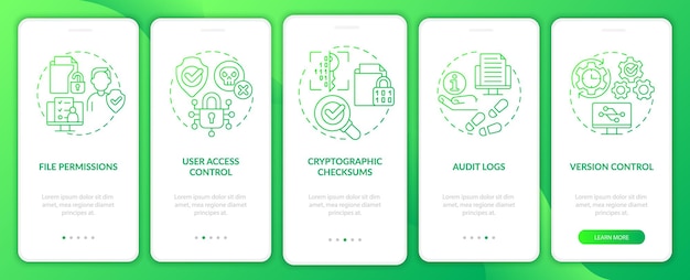 Integrity green gradient onboarding mobile app screen Private data walkthrough 5 steps graphic instructions pages with linear concepts UI UX GUI template Myriad ProBold Regular fonts used