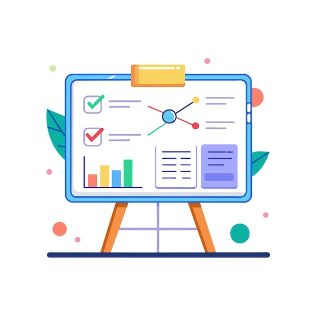 Interactive whiteboard with diagrams and notes vector illustration