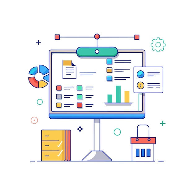 Interactive whiteboard with diagrams and notes vector illustration