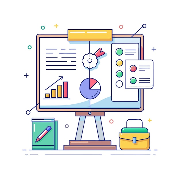 Interactive whiteboard with diagrams and notes vector illustration