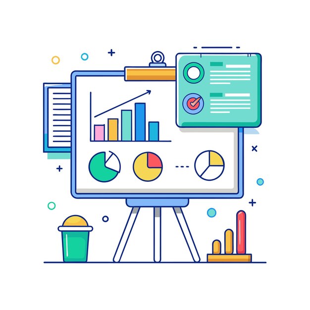 Interactive whiteboard with diagrams and notes vector illustration