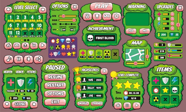 interface game design. all screens you need for creating 2d game