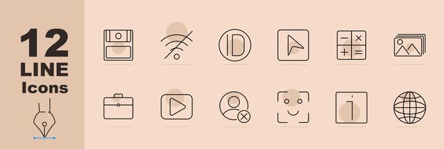Interface set icon Drawer no signal pause cursor calculator gallery briefcase play button user remove face scan power button globe Interface media navigation