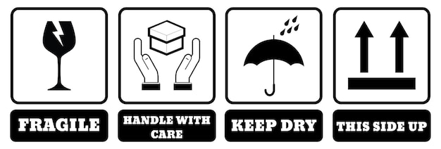International Packing Symbols with name on white background Fragile icon Handle with care icon