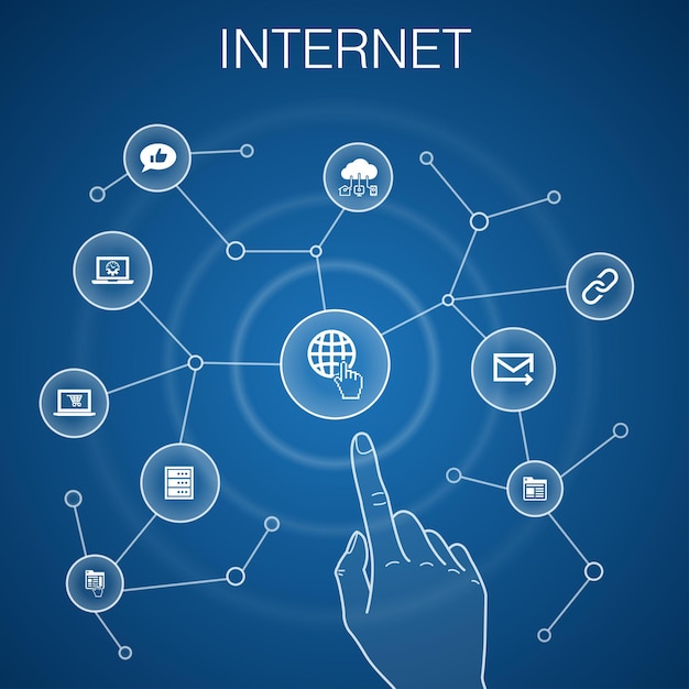 Internet concept, blue background.  ecommerce, social media, website, Email icons