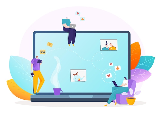 Internet message at social media concept vector illustration flat man woman character use network at laptop screen communication online