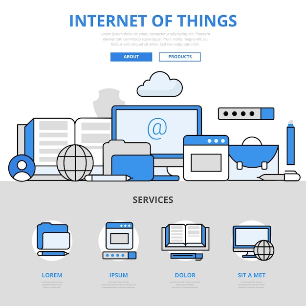 Internet of things digital electronics smart device sensor network connection concept flat line style.