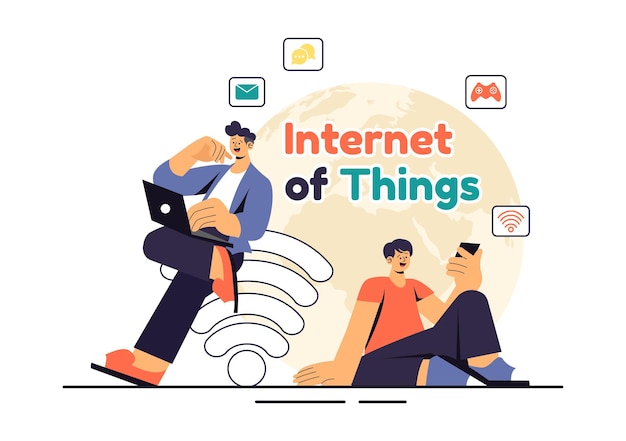 Internet of Things IoT Vector Illustration featuring Technology Smart Connection and Control Devices in a Network for Industrial with Internet Access