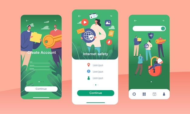internet safety mobile app page onboard screen template computer security privacy data protection concept