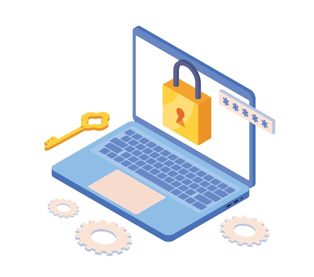 Internet security at laptop Padlock and key at computer Security and protection of personal data on Internet Antivirus and hacker attack prevention Isometric vector illustration