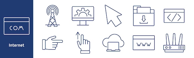 Internet set icon Domain signal tower settings on monitor cursor download folder code pointing hand upload cloud computing router worldwide connection data management