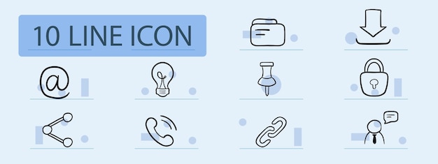 Internet set line icon Magnet link lock download dog light bulb share call Pastel color background Vector line icon for business and advertising