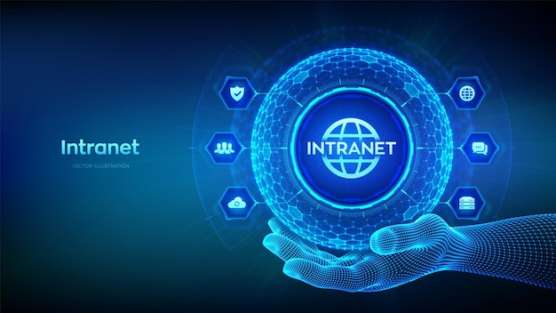 INTRANET Global Network Connection Technology concept in the shape of sphere in wireframe hand