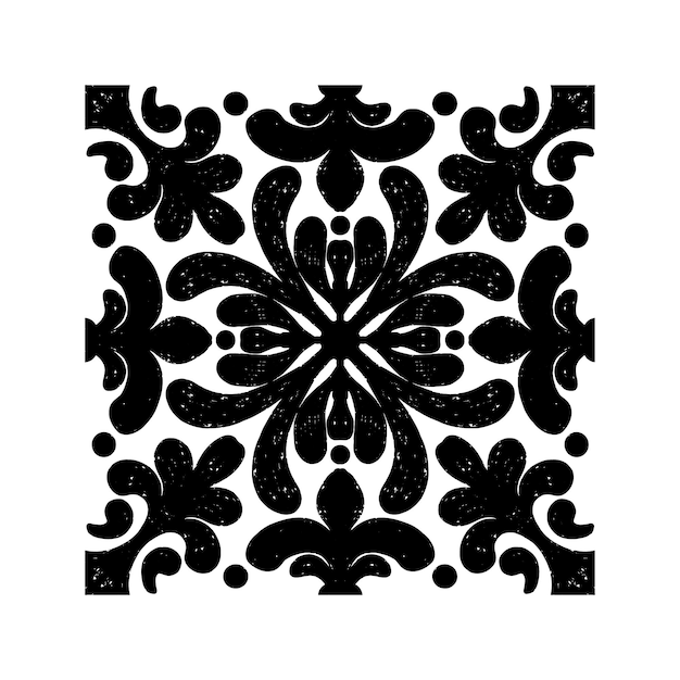 Intricate black pattern with symmetrical ornamental pattern in linocut style Grunge texture tile shape vector element
