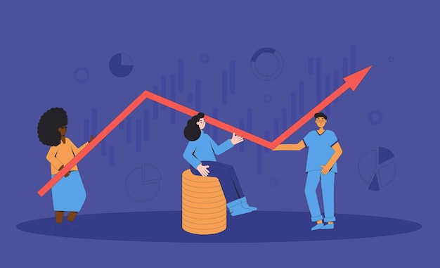 investment arrow retail traders with stock market growing graph business analysis managers with schemes and diagrams financial researchers vector line art illustration