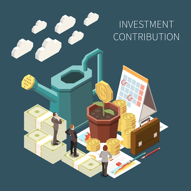 Investment contribution and growth isometric concept with money and business people 3d  illustration
