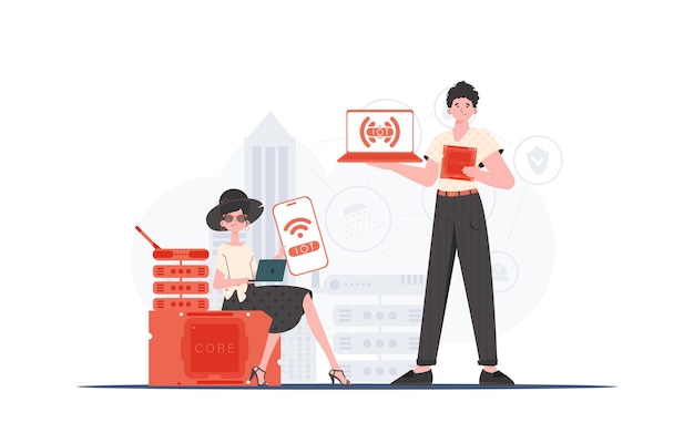 iot and automation concept the girl and the guy are a team in the field of internet of things good for presentations and websites vector illustration in flat style