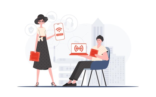iot and automation concept the girl and the guy are a team in the field of internet of things good for presentations and websites vector illustration in trendy flat style