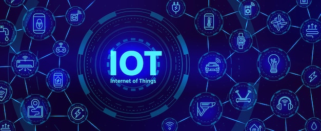 Iot technology. Digital banner for internet of things or smart home device network with icons. Futuristic innovation industry vector concept. Illustration technology digital, electricity and internet