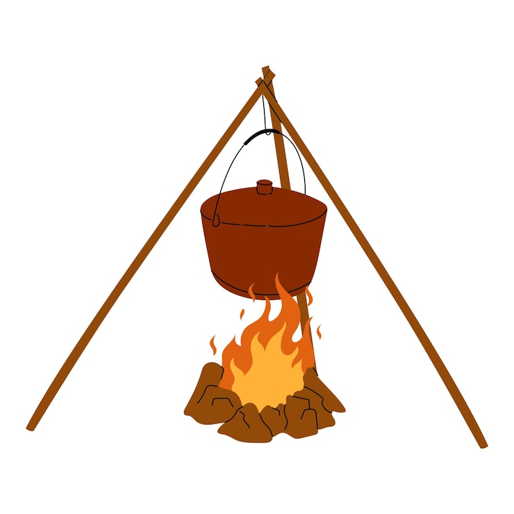Vektör iron cooking pot hanging over campfire using wooden tripod stand for outdoor meal preparation during