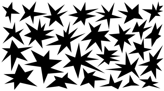 Irregular spikey stars shapes Set trendy Black cutout paper elements Hand drawn chevron shapes Funky groovy sparks simple forms isolated on white background Vector illustration