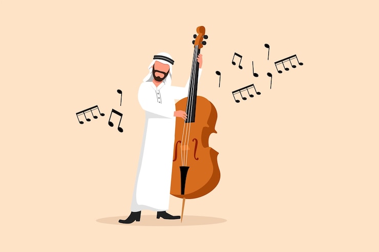 Vektör i̇ş düz çizgi film çizimi büyük telli enstrümanlı kontrbas oyuncusu arap müzisyen parmaklarıyla klasik müzik çalıyor profesyonel kontrbasçı grafik tasarım vektör çizimi