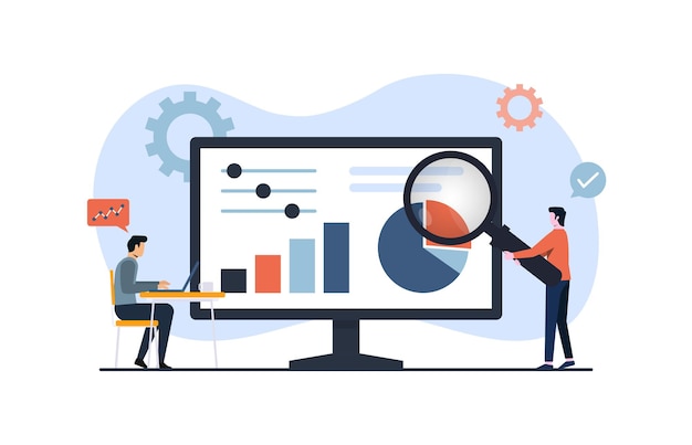 İş finans yatırımı konsepti için istatistiksel ve veri analizi, monitör grafiği kontrol paneli üzerinde çalışan iş insanları ekibi ile akıllı iş analizi finansal veri raporu
