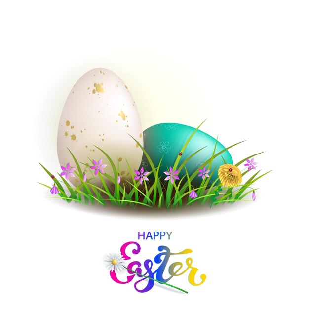 Isolated design elementEaster eggs in green grass with flowers