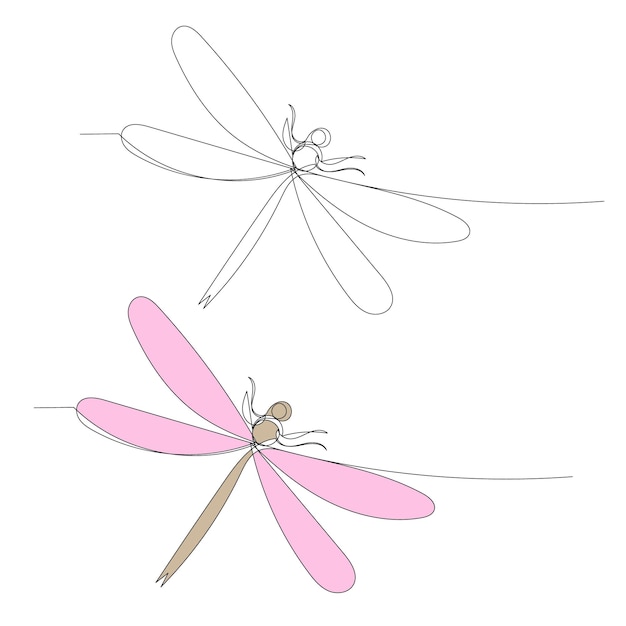 isolated dragonfly color sketch in one continuous line