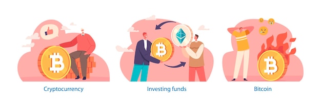 isolated element with characters making cryptocurrency operations involve exchange buying selling and trading