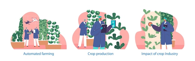 Isolated Vector Elements with Characters Engage in Automation Of Crop Production Industry and Smart Farming that Involves Integration Of Technology Robotics And Ai To Streamline Farming Processes