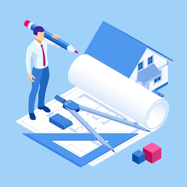 isometri architect drawing on architectural project concept architects workplace architectural project blueprints ruler laptop and divider compass
