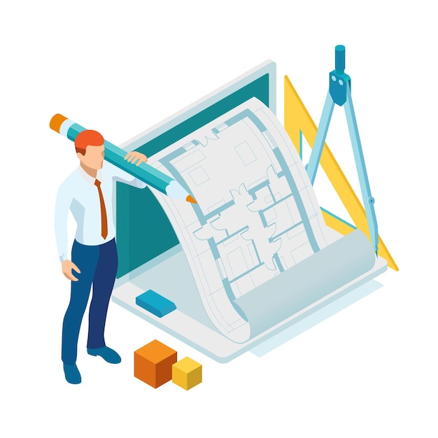 isometri architect drawing on architectural project concept architects workplace architectural project blueprints ruler laptop and divider compass