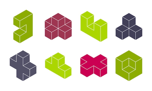 Isometric 3d blocks Abstract geometric shapes puzzle game elements logic game constructor cube elements vector illustration set