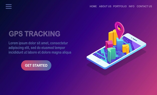 Isometric 3d smartphone with gps navigation app, tracking.