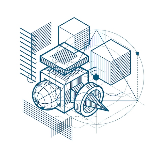 Isometric abstract background with linear dimensional shapes, vector 3d mesh elements. Composition of cubes, hexagons, squares, rectangles and different abstract elements.