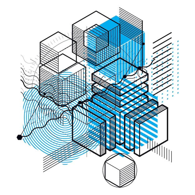 Isometric abstract background with linear dimensional shapes, vector 3d mesh elements. Composition of cubes, hexagons, squares, rectangles and different abstract elements.