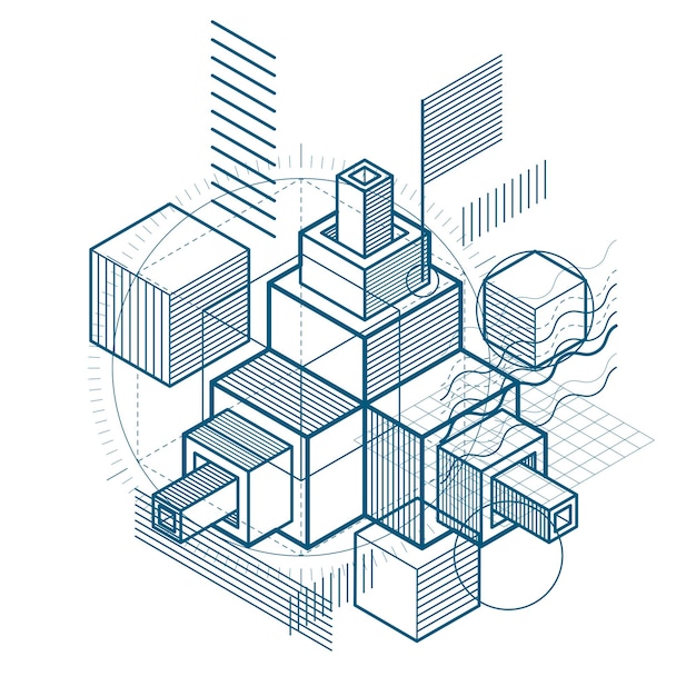Isometric abstract background with lines and other different elements, vector abstract template. Composition of cubes, hexagons, squares, rectangles and different abstract elements.
