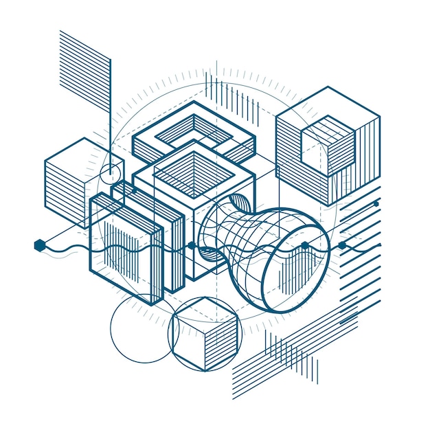 Isometric abstract background with lines and other different elements, vector abstract template. Composition of cubes, hexagons, squares, rectangles and different abstract elements.