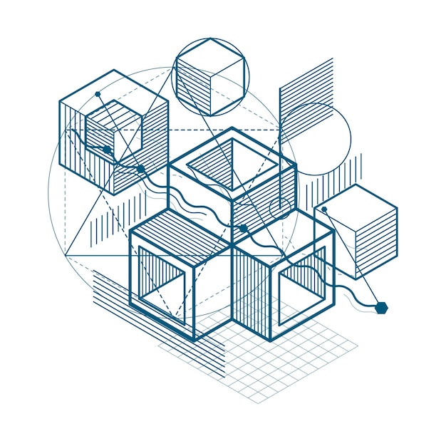Isometric abstract background with lines and other different elements, vector abstract template. Composition of cubes, hexagons, squares, rectangles and different abstract elements.