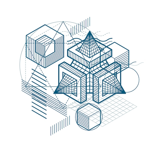 Isometric abstract background with lines and other different elements, vector abstract template. Composition of cubes, hexagons, squares, rectangles and different abstract elements.
