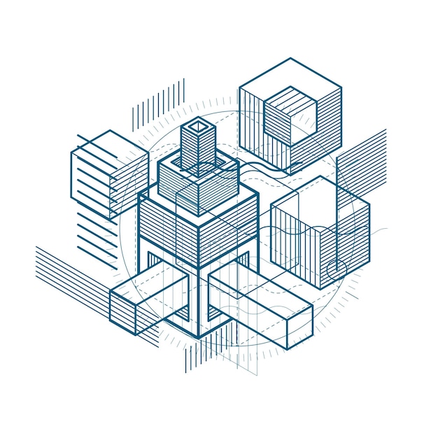 Isometric abstract background with lines and other different elements, vector abstract template. Composition of cubes, hexagons, squares, rectangles and different abstract elements.
