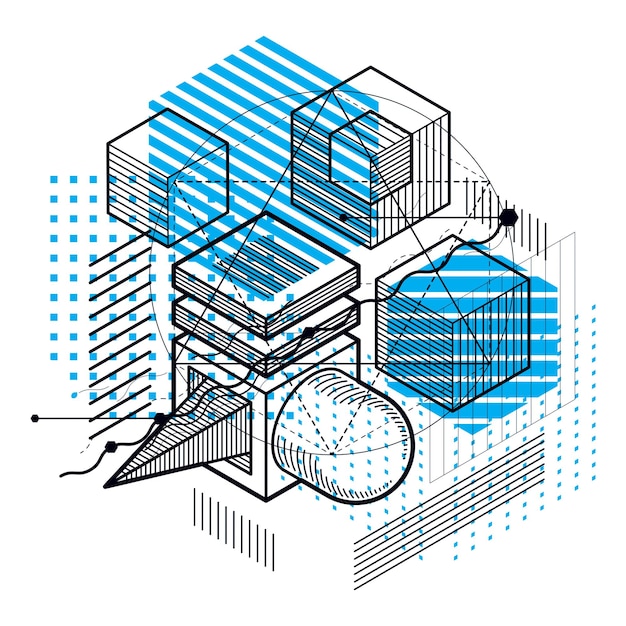 Isometric abstract background with lines and other different elements, vector abstract template. Composition of cubes, hexagons, squares, rectangles and different abstract elements.