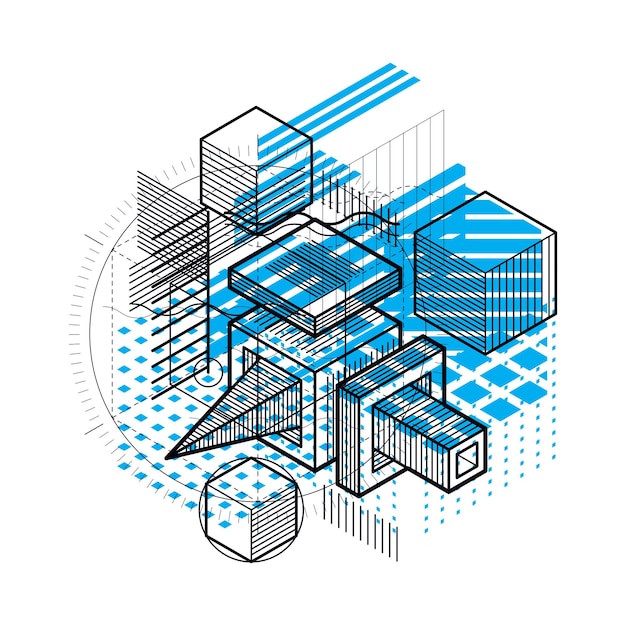 Isometric abstract background with lines and other different elements, vector abstract template. Composition of cubes, hexagons, squares, rectangles and different abstract elements.