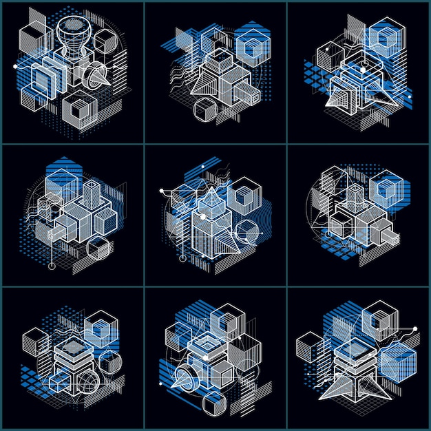 Isometric abstract backgrounds with linear dimensional shapes, vector 3d mesh elements. Compositions of cubes, hexagons, squares, rectangles and different abstract elements. Vector collection.