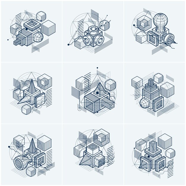 Isometric abstract backgrounds with linear dimensional shapes, vector 3d mesh elements. Compositions of cubes, hexagons, squares, rectangles and different abstract elements. Vector collection.