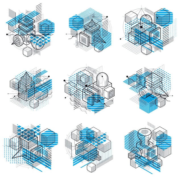 Isometric abstract backgrounds with lines and other different elements, vector abstract templates. Compositions of cubes, hexagons, squares, rectangles and different abstract elements. Vector set.