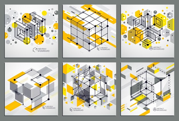 Isometric abstract yellow backgrounds set with linear dimensional cube shapes, vector 3d mesh elements. Layout of cubes, hexagons, squares, rectangles and different abstract elements.